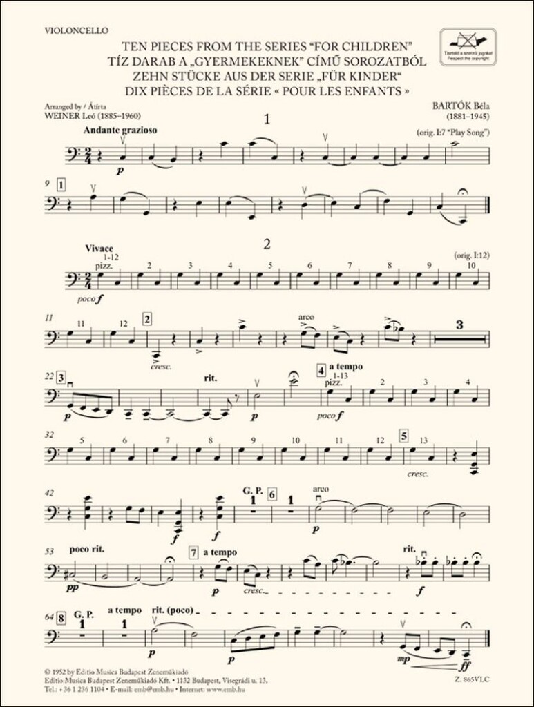 Ten Pieces from the Series 'For Children'-Cello